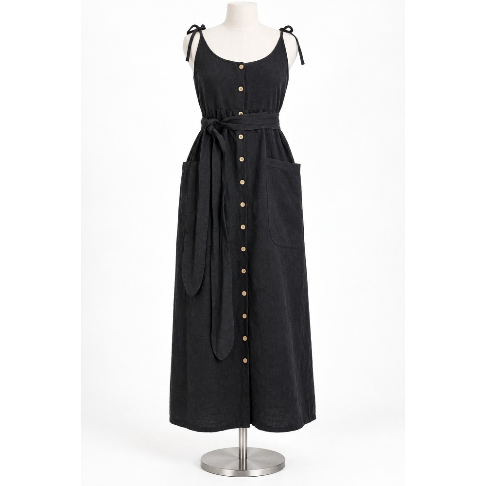 Emerson Fry Livia Button Front Linen Maxi Dress Women S Black Pockets Minimalist